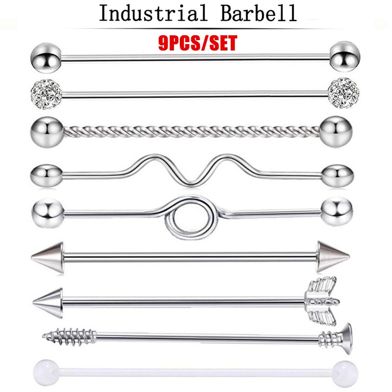 Conjunto / 9pçs Brinco Industrial De Aço Cirúrgico Com Cartilagem / Tragus / Orelha / Piercing / Joia De Corpo 38mm em Oferta na Shopee