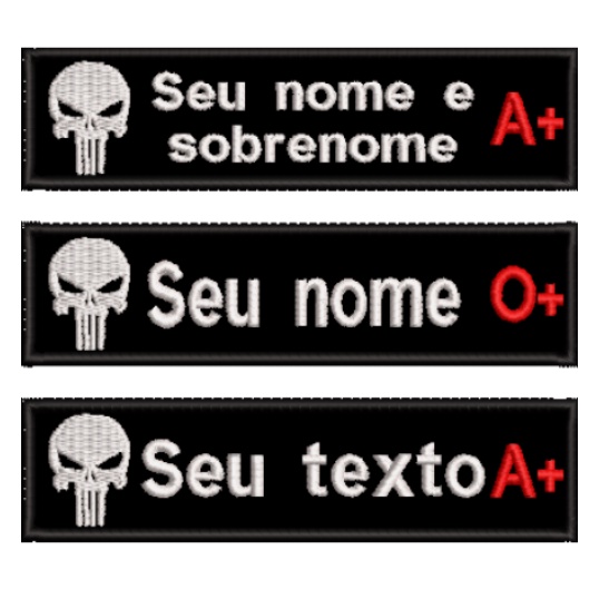 Tarja Patch Bordado Nome e Tipo Sanguíneo 10x2,5CM Tag Identificação Justiceiro Caveira