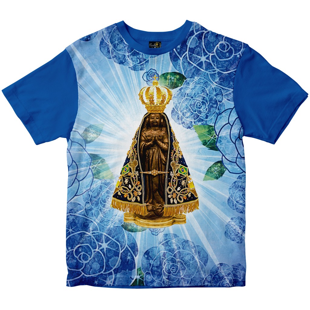 Camiseta Nossa Senhora Aparecida Flores Azuis Rainha do Brasil Azul Royal