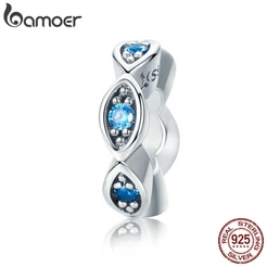 Bamoer Real 100% 925 Sterling Silver Sorte Blue Eye Glittering Cz Spacer Charme Beads Fit Mulheres Originais Pulseira Jóias Scc513
