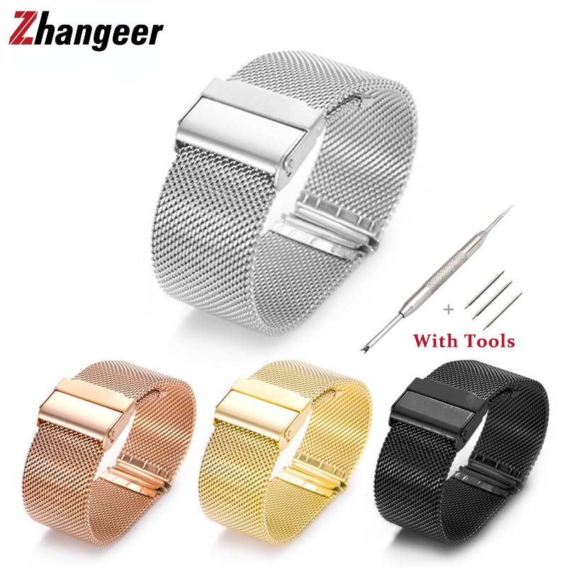 8 10 12 14 16 18 19 20 21 22 24 26mm Width Milanese Metal Wrist Watchband Stainless Steel Double Safety Buckle Flat Head em Oferta na Shopee