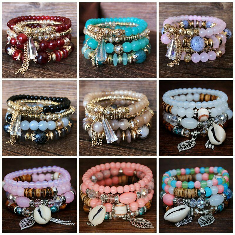 Pulseira Feminina Multicamadas Com Contas De Cristal E Pérolas Atacado