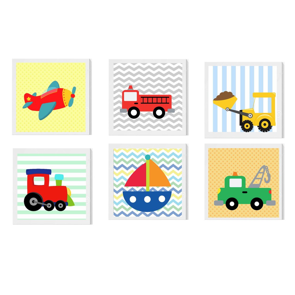 Kit Placas Quadros Decorativo Infantil Quarto Menino 6 peças MDF Brinquedos Carro Avião Barco