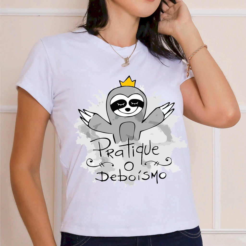 Camiseta tshirt branca estampada personalizada Estampa  bicho preguiça pratique o deboismo