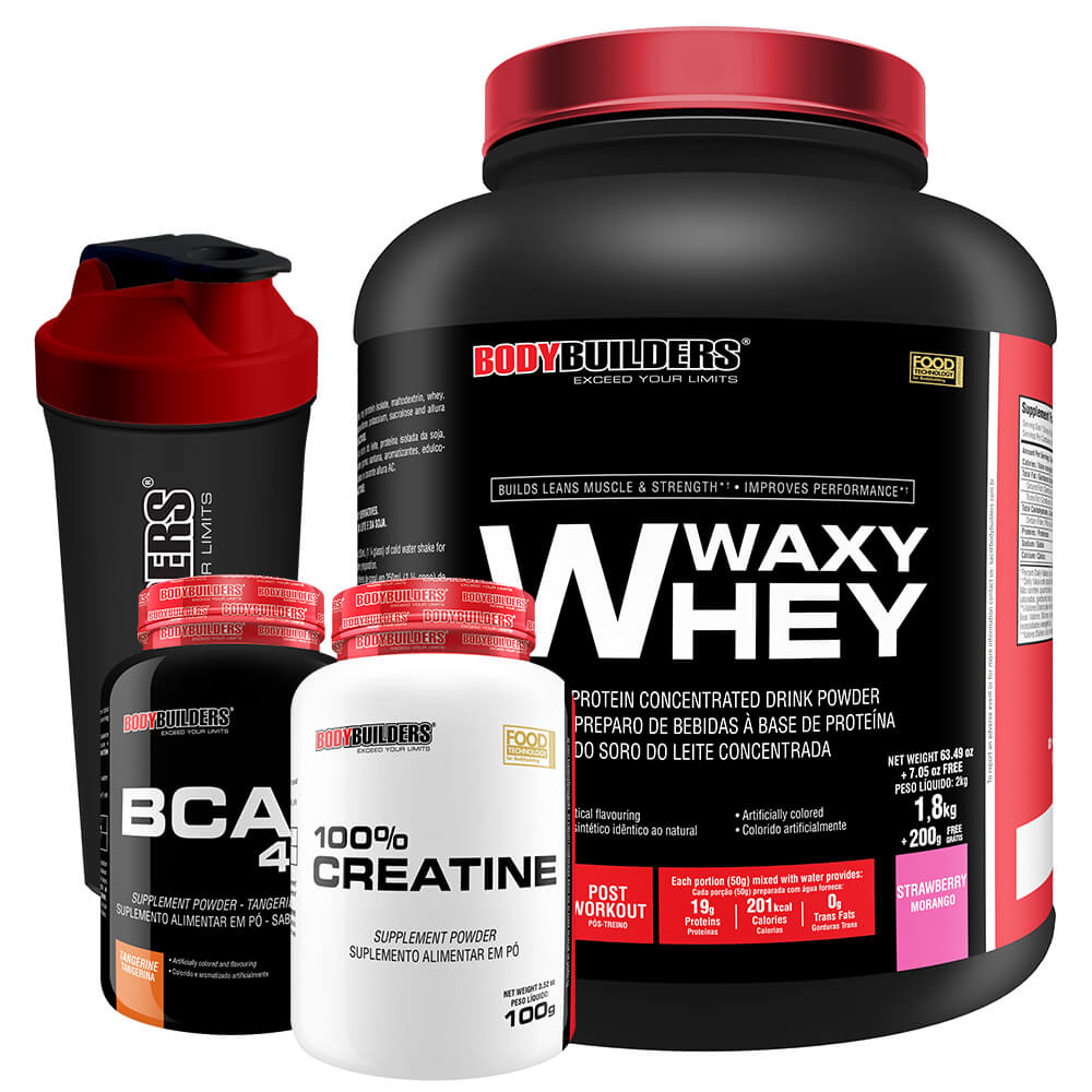 Kit Waxy Whey Protein 2kg + BCAA 4.5 100 gr + Creatina 100g + Coqueteleira – Bodybuilders