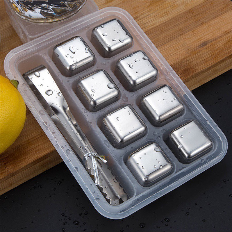 Kit c/ 8 Cubos de Gelo Inox Artificial + Pegador