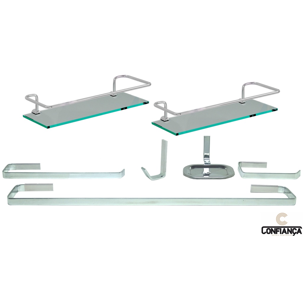 KIT ACESSÓRIOS BANHEIRO QUADRADO CROMADO 7 PÇS ALUMINIO MACIÇO INOX + 2 PORTA SHAMPOO RETO. Cód. 1884