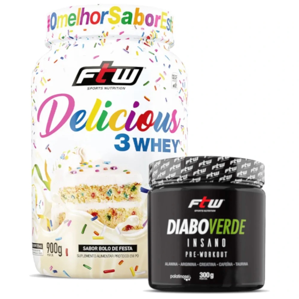 Super Combo Ftw 1 Delicious Whey  Protein 3w Isolado Concentrado Hidrosilado  900g + Diabo Verde Pré Treino 300G