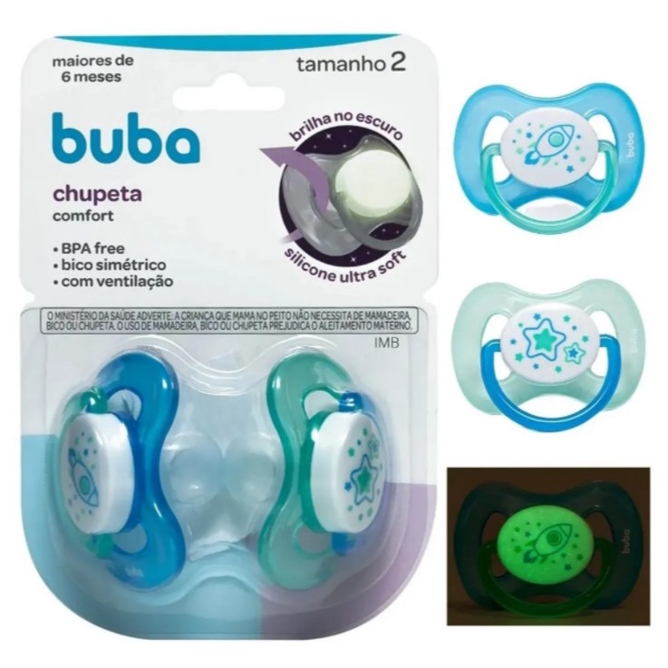 Kit duas Chupetas Bico Silicone Brilha No Escuro Buba Menino e Menina ...