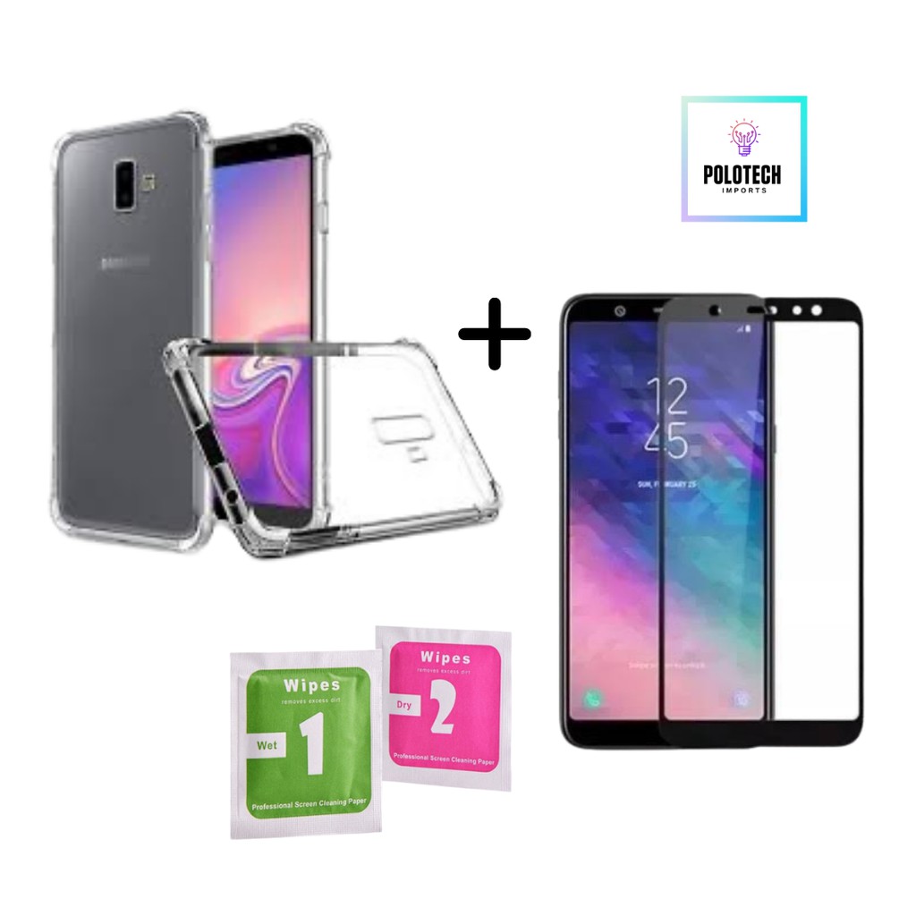 Kit Capa Capinha Samsung J6 Plus + Película vidro 3D / 5D - Capa Case Celular Transparente Bordas Antiqueda choque
