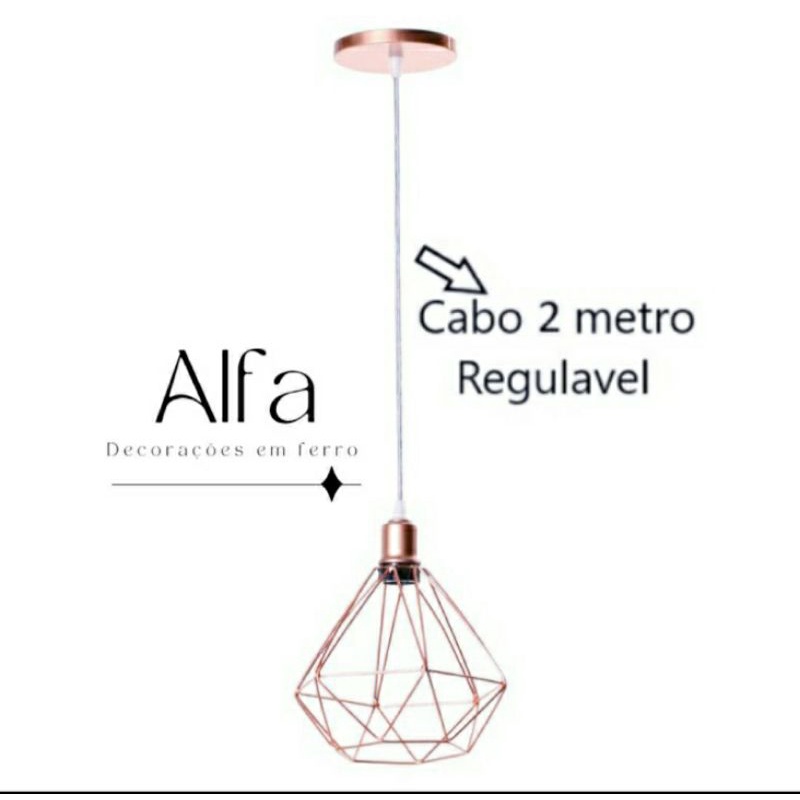 Pendente Diamante Aramado Rose Gold Cabo Cristal 2 Metros