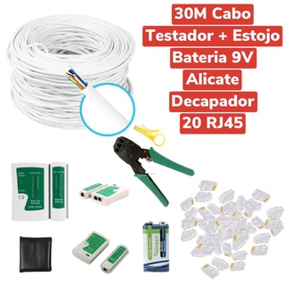 Kit 30m Cabo Rede +20 Rj45 + Alicate + Testador Cabo+Bateria