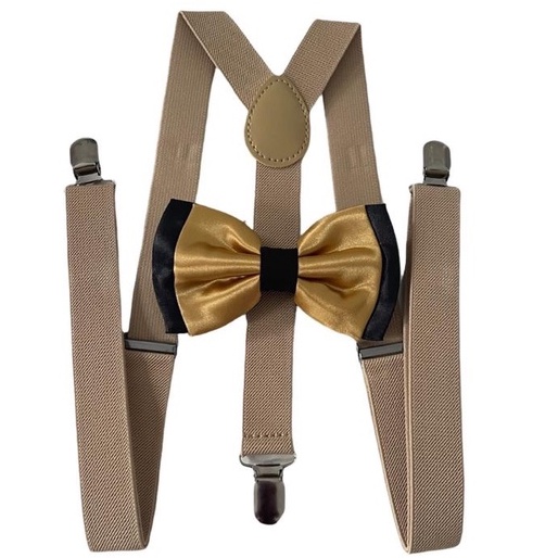 Kit Suspensório Bege+ Gravata Borboleta Dupla Preto/Dourado SS:244/249