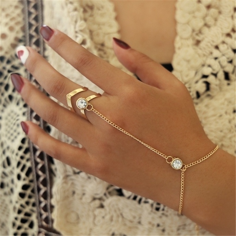 Boho Crystal Slave Finger Ring Bracelet Pulseira Com Anel De Dedo Retro Gold Pulseiras Arnês De Mão Bangle Acessórios Para Meninas Femininas