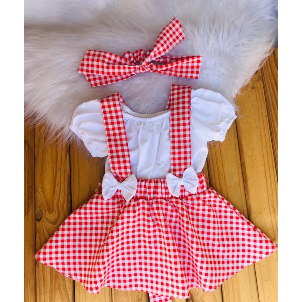 Vestido Jardineira Xadrez Vermelho + Blusa e Laço Roupa Festa Junina Caipirinha