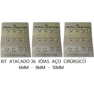 KIT Atacado 36 Piercing ferradura Septo Aço Cirurgico 6mm 8mm 10mm