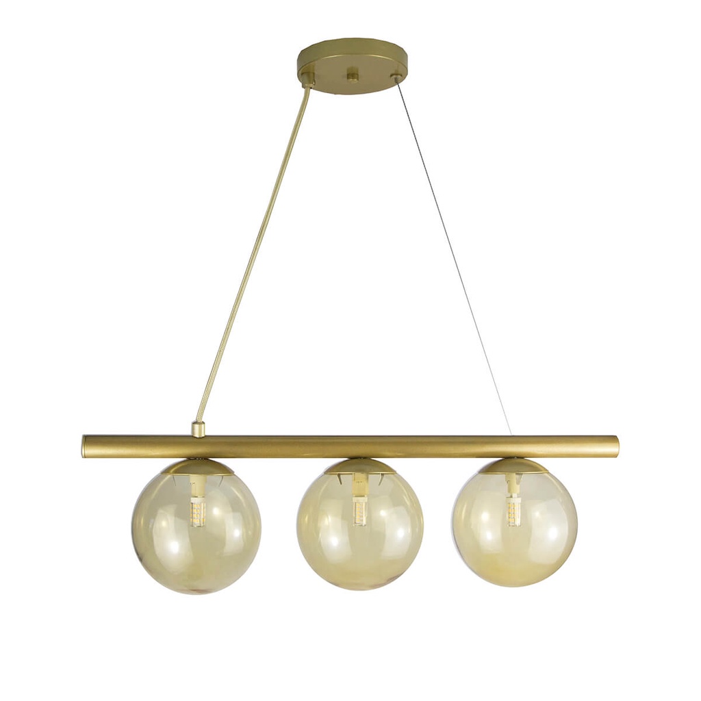Lustre Pendente Figo OURO - 3 Globos Esfera de Vidro Âmbar