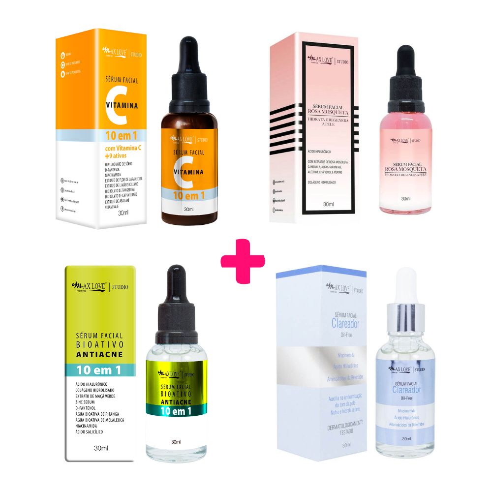 Kit C/ 4 Sérum Facial Max Love Rosa Mosqueta + Vitamina C 10 em 1 + Antiacne + Clareador