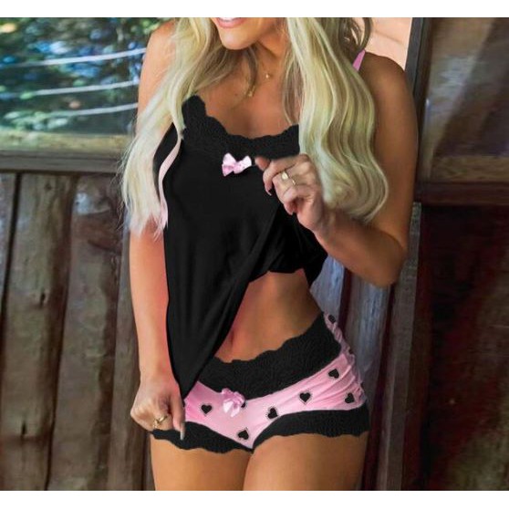 Conjunto Baby Doll Short Blusinha Renda Pijama Look Sensual Sexy Moda Importado