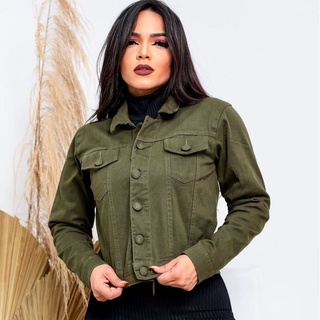 Jaqueta jeans verde escuro feminina P M G GG manga longa militar