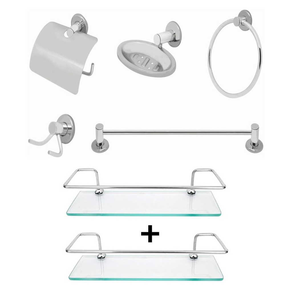 Combo 7 Itens Kit de acessórios 5 peças Cromado e 2 Porta Shampoo Reto Incolor