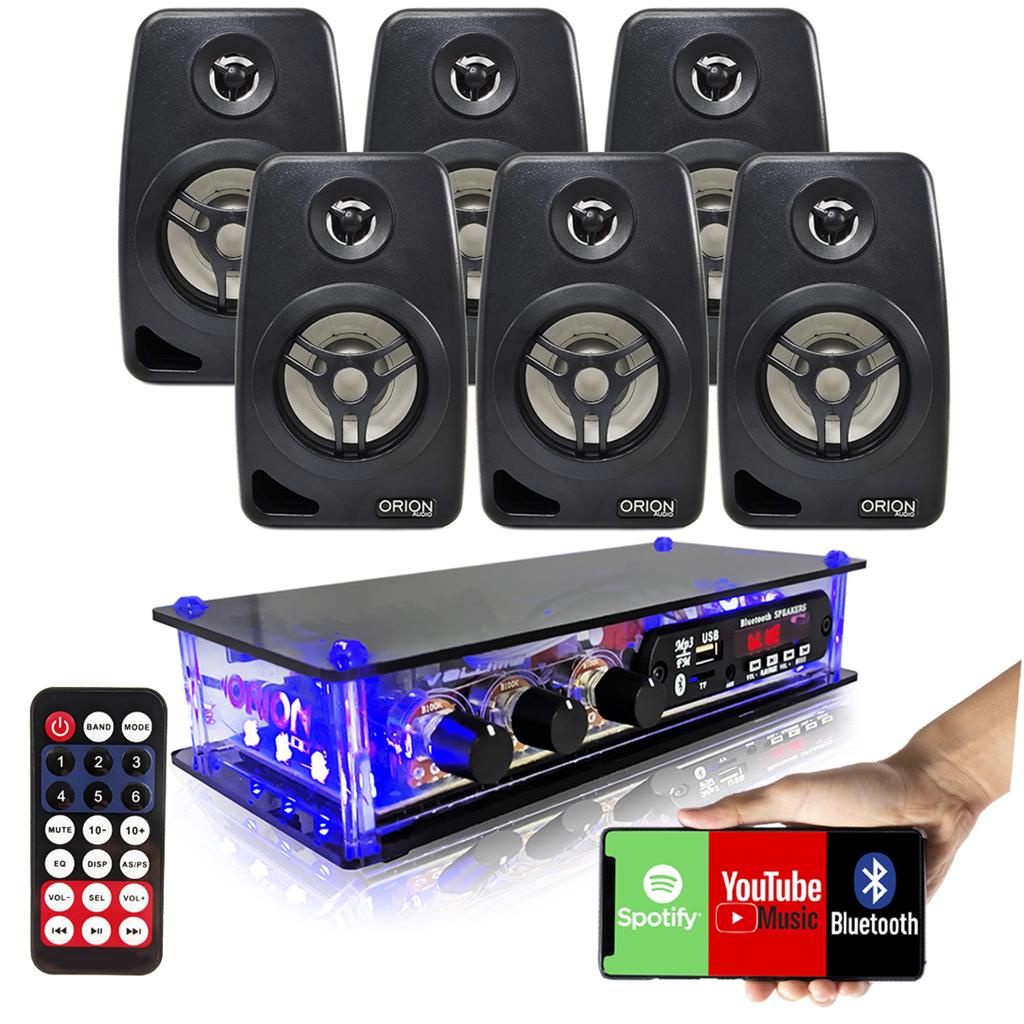 Kit Som Ambiente 6 Caixas Acusticas Pretas com Suporte + Amplificador Bluetooth Usb Aux 2 Canais Orion