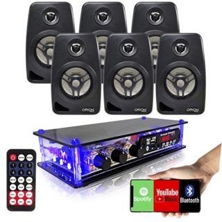 Kit Som Ambiente 6 Caixas Acusticas Pretas com Suporte + Amplificador Bluetooth Usb Aux 2 Canais Orion em Oferta na Shopee