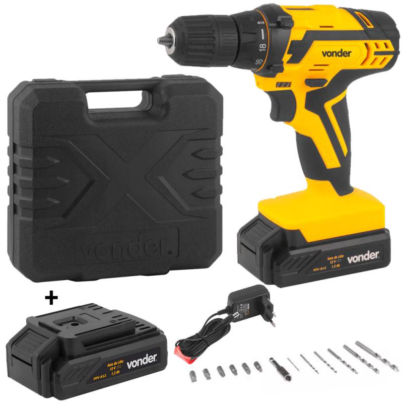 Furadeira Parafusadeira 12V BIVOLT PFV 012 c/ 2 Baterias e Kit de Brocas e Bits VONDER em Oferta na Shopee