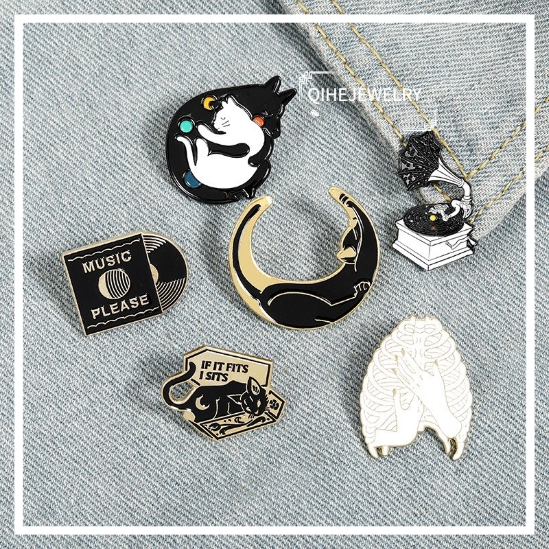 Broches Esmaltados De Gatos Preto E Branco, Broches De Gatos