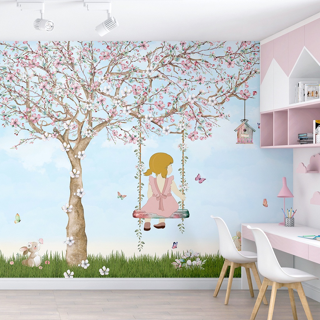 Papel de Parede Adesivo Tema Jardim Encantado e Menina no Balanço Lançamento
