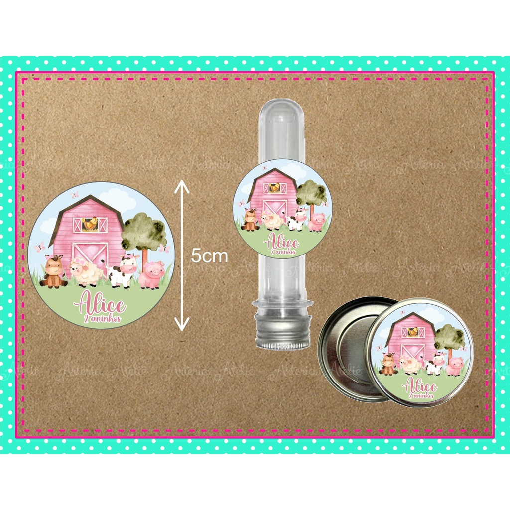 Rótulo Adesivo Circular Latinha Tubete Pirulito Lembrancinha Aniversário Personalizados Festa Fazendinha Aquarela Rosa Fazenda Aquarelada Menina