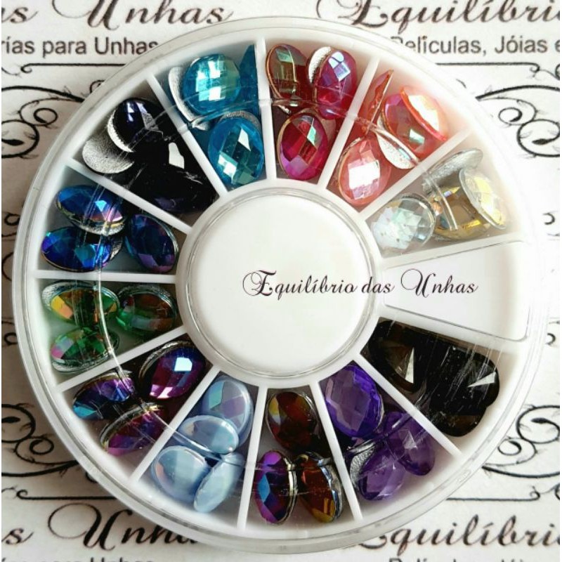 Disco Pedrarias Ovais 6x8, Disco com 12 divisórias pedrarias e nail art, Pedras para unhas e acessórios, nail arts, joias de unhas, pedrarias de unhas