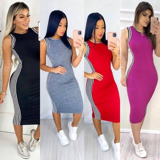 Vestido Midi Tubinho Canelado Regata Feminino Listra Lateral - Elegância e Conforto