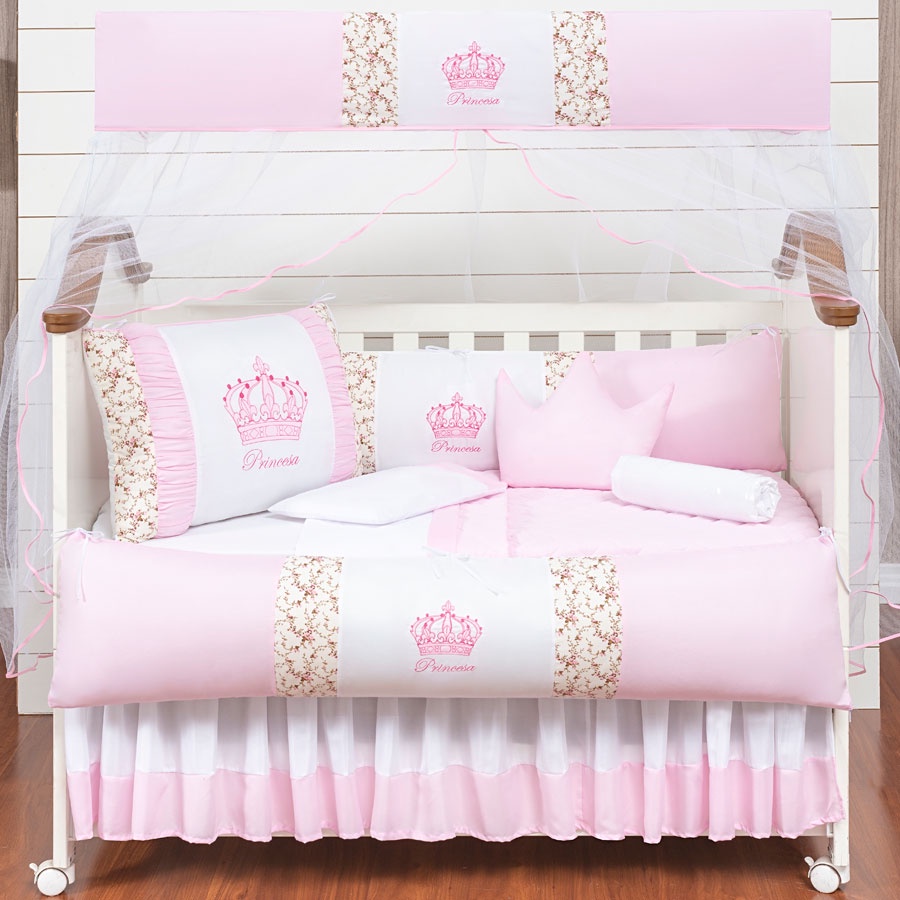 Kit Berço Coroa Princesa Protetor Laterais Rosa Menina Completo Com Lençol e Saia Box 11 Peças Promoção Oferta