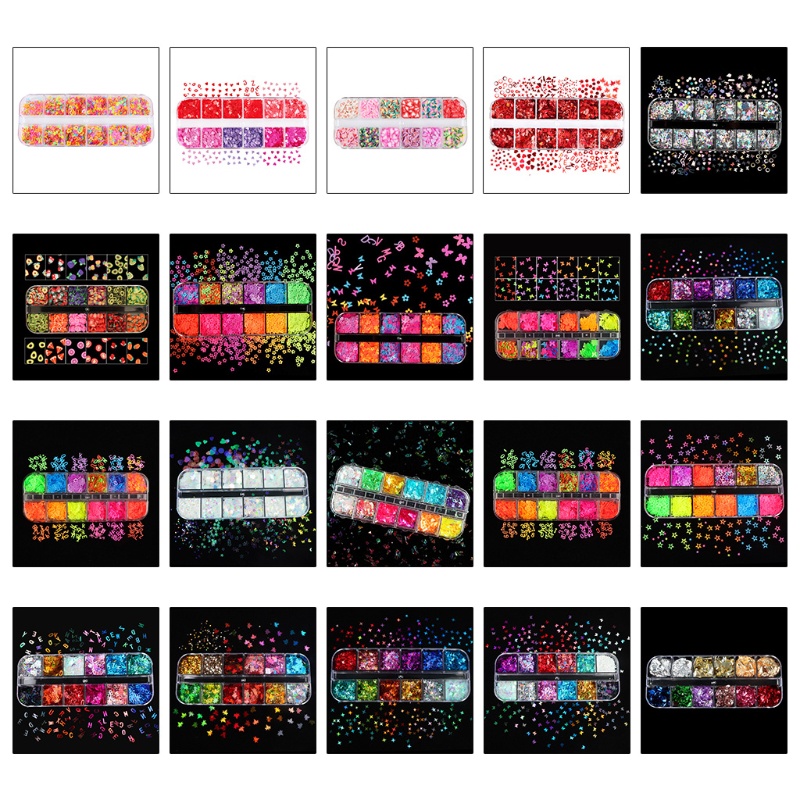 ELE 12 Grades Caixa Estrelas Forma Fluorescente Lantejoulas Glitter Flocos Brilham No Escuro DIY Resina Molde Enchimento