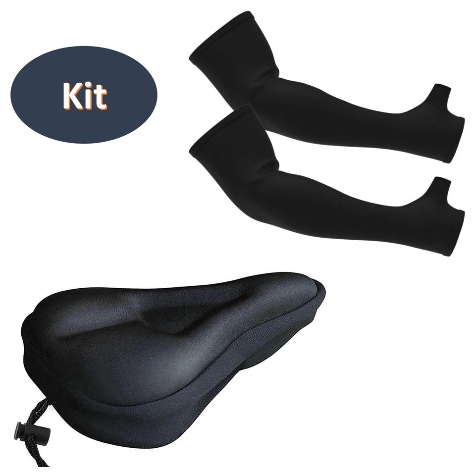 Kit Capa Para Banco Selim Bike Gel Silicone Ciclismo Bicicleta + Par Manguito Manga Proteção Solar
