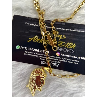 Corrente Cordão Banhado a Ouro 18k aço inox 3,5 mm/ 70 Cm+ Pingente face Jesus Cristo Cravejado Moeda Antiga Masculina Cadeado 3mm LIGA MOEDA ANTIGA com banho de OURO