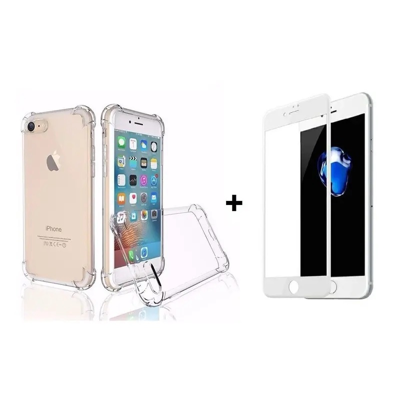 Kit Capa Transparente Anti Shock + Película de Vidro 3D Borda Branca para iPhone 7 Plus e 8 Plus