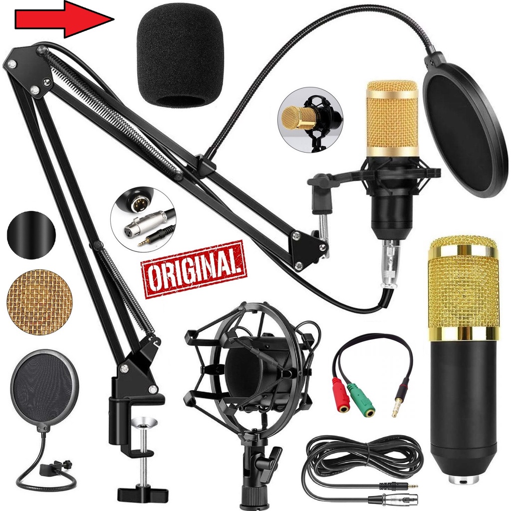 Kit Microfone Condensador Profissional Podcast Radialista Youtuber + Suporte Braço Articulado + Pop Filter Asmr Locução