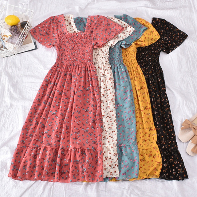 Vestido floral de chiffon com cinto elástico manga curta verão crepe malha midi