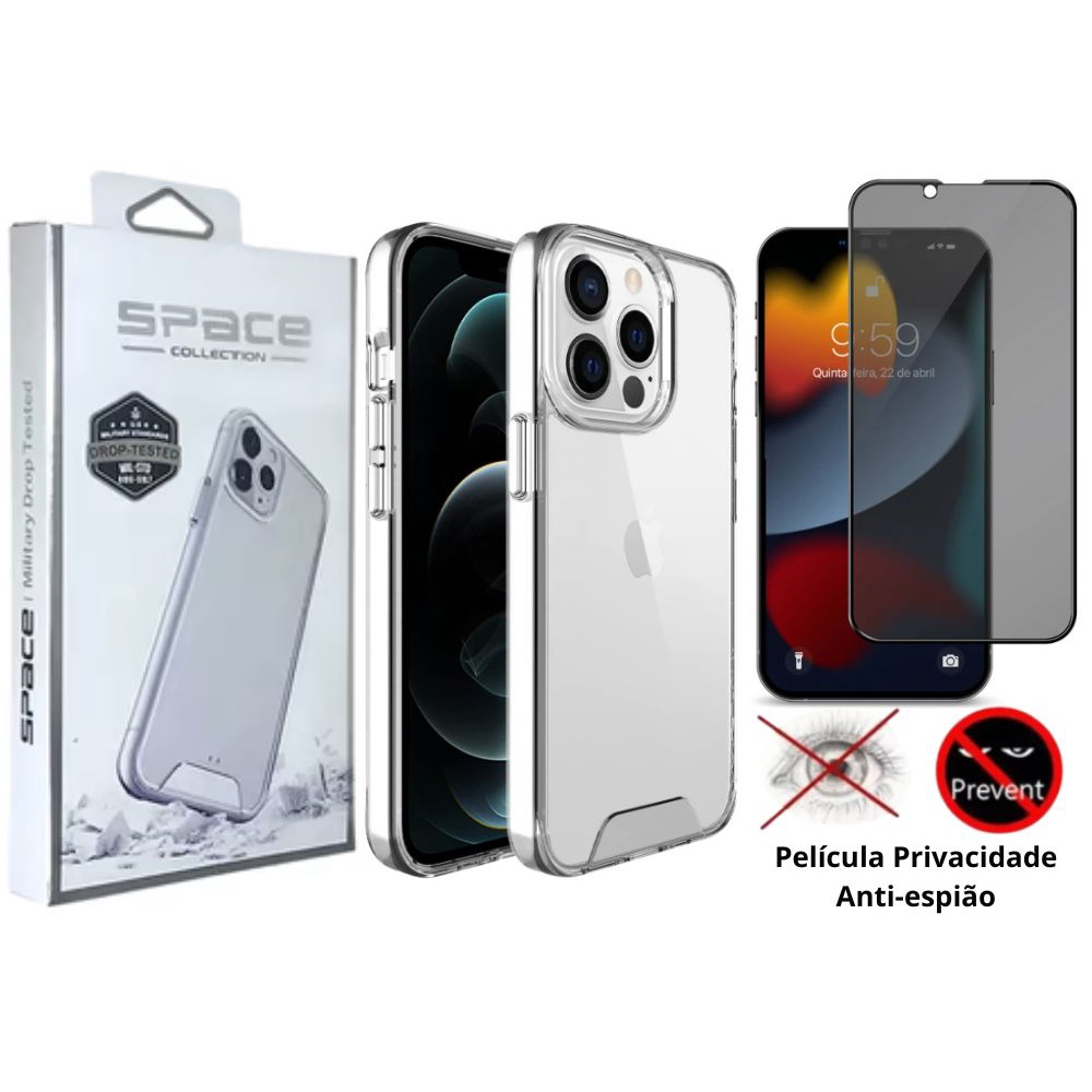 Kit 2em1 Compatível Com iPhone 14 Pro Max - Capa Clear Space + Película 3D Privacidade Tela