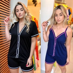 Kit 2 Pijamas Aberto Com Botões Femininos Blogueira Alcinha Gestação Amamentar Cirurgico Luxo