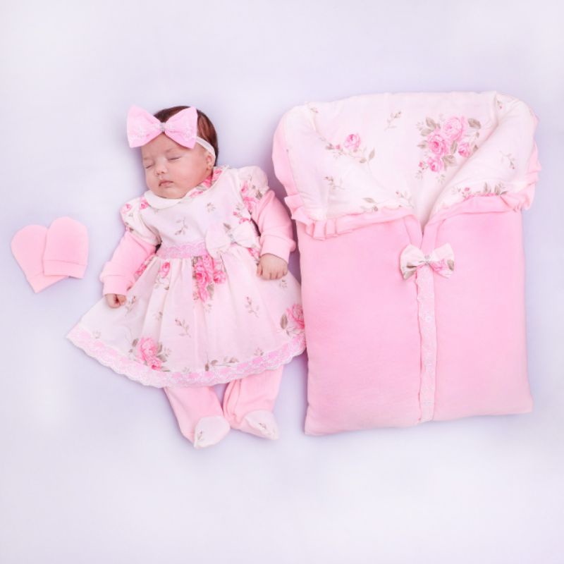 Saída Maternidade Bebê Menina Floral Rosa com Porta Bebe Confortável Antialérgico Luxo