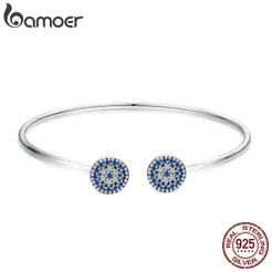 Bamoer 2018 Novo 100% 925 Prata Esterlina Olhos Azuis Sorte Azul Cz Mulheres Abra Cuff Bangle & Bracelet Jóias De Prata De Luxo Scb058