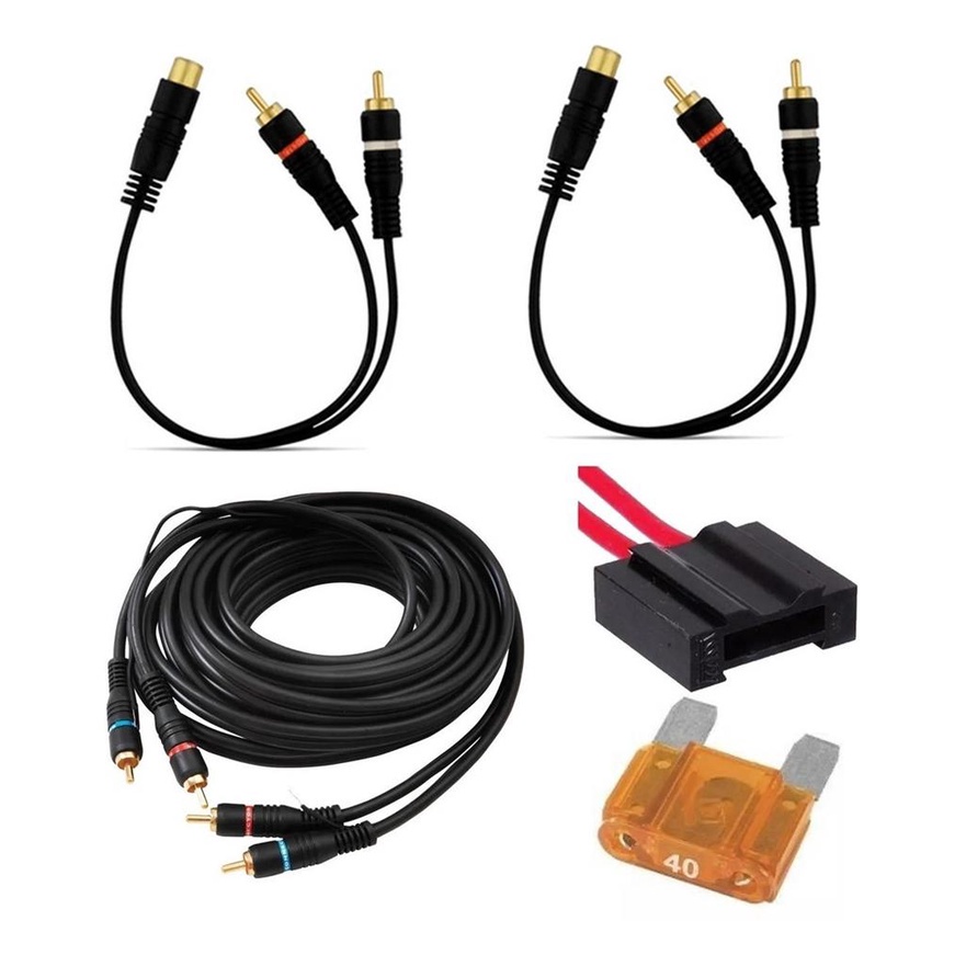 Kit Cabo Rca P/ Modulos Ate 4 Canais + Porta Fusivel Fio 4mm