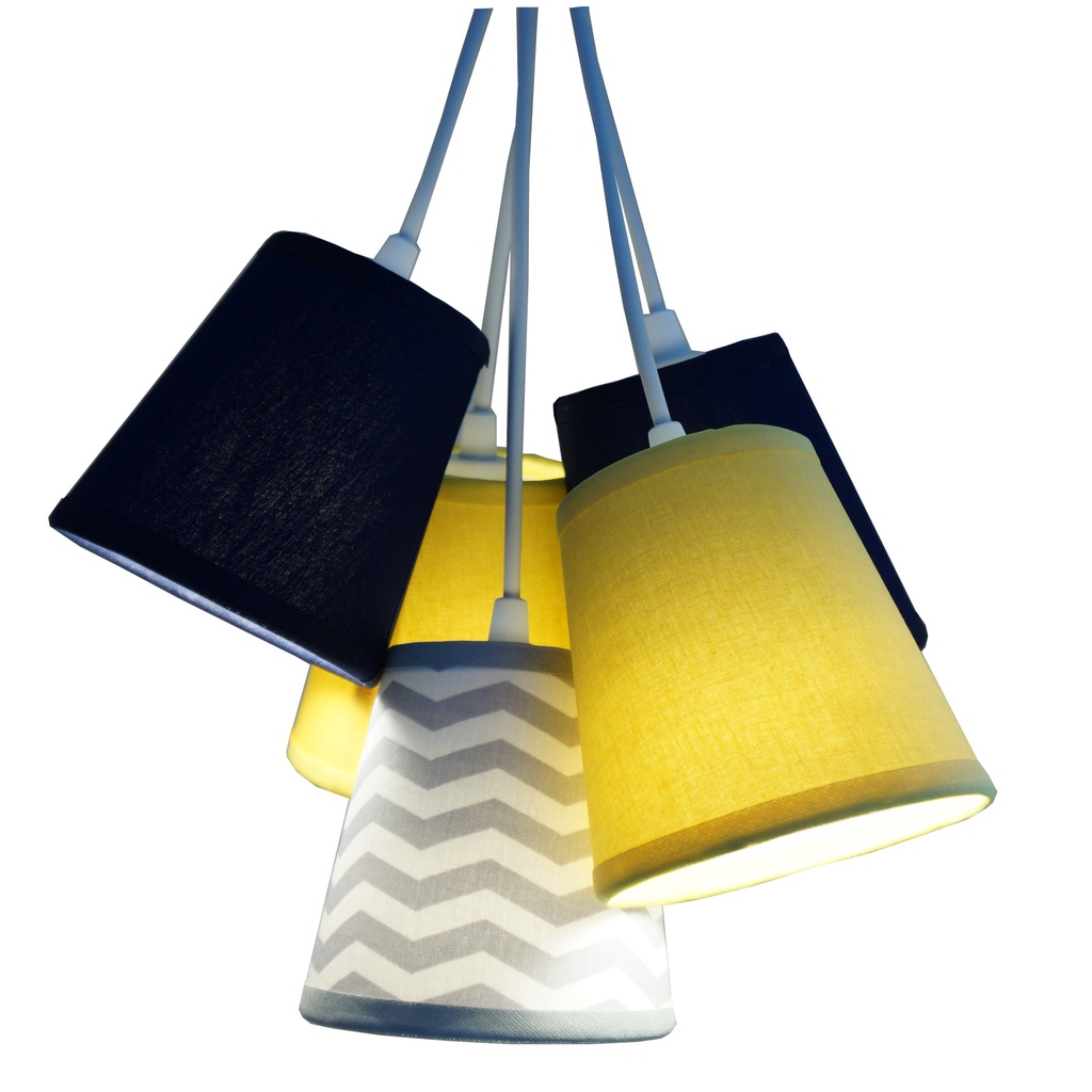 Lustre Pendente Luminária de Teto Cacho 5 Cúpulas Chevron Amarelo, Cinza e Azul Marinho Bivolt