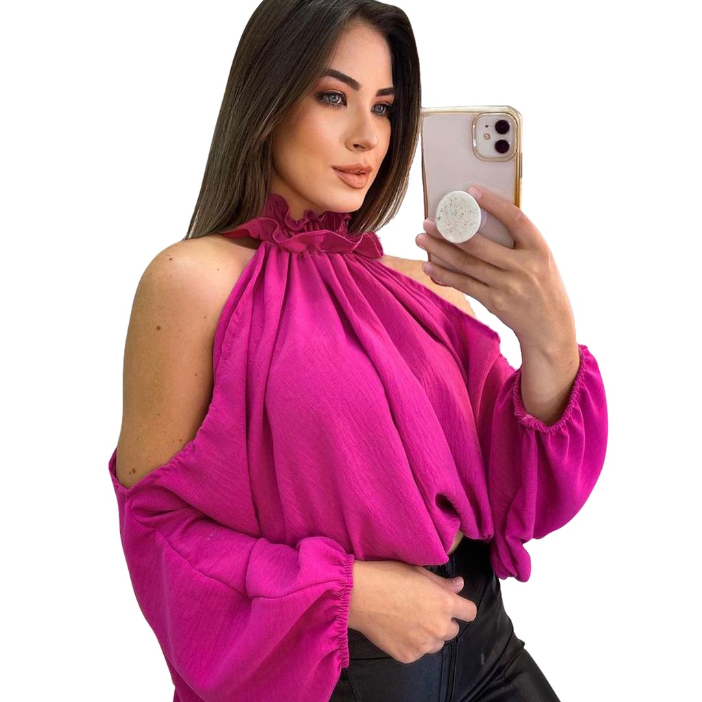 Blusa Bata Feminina Cropped Manga Bufante Gola Alta Babado