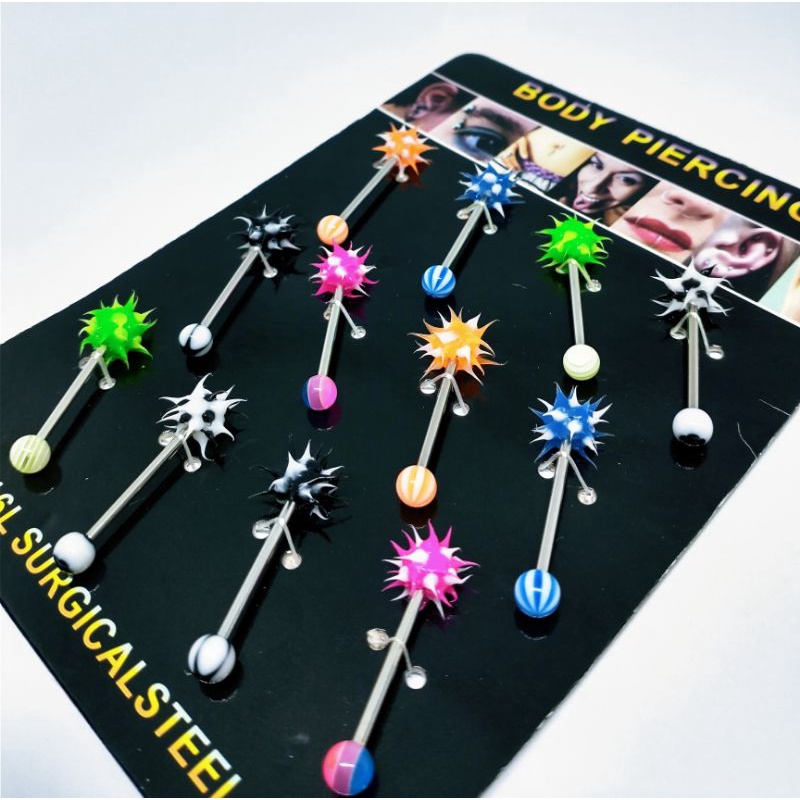 piercing lingua de mamona 19mm colorida cartela inteira com 12 unidades haste aço prata moda unissex