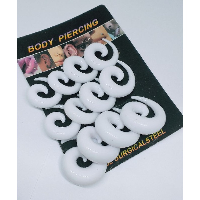 alargador espiral branco 10mm 12mm 14mm 16mm  caracol conico espessura grossa cartela 12 unidades tamanhos variados grosso conico branca moda unissex piercing