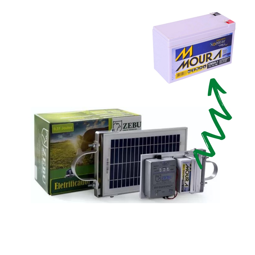 Cerca Elétrica Solar 2.100m Eletrificador C/ Bateria Moura Zebu Zs20bi